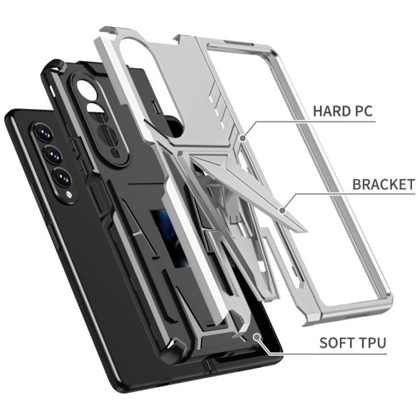 Samsung Galaxy Z Fold3 5G SM-F926B, Műanyag hátlap védőtok szilikon belső, közepesen ütésálló, kitámasztóval, Wooze Supportive Care, ezüst