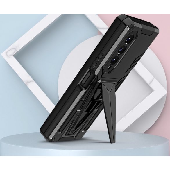 Samsung Galaxy Z Fold3 5G SM-F926B, Műanyag hátlap védőtok szilikon belső, közepesen ütésálló, kitámasztóval, Wooze Supportive Care, fekete