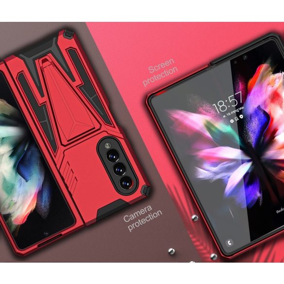 Samsung Galaxy Z Fold3 5G SM-F926B, Műanyag hátlap védőtok szilikon belső, közepesen ütésálló, kitámasztóval, Wooze Supportive Care, piros