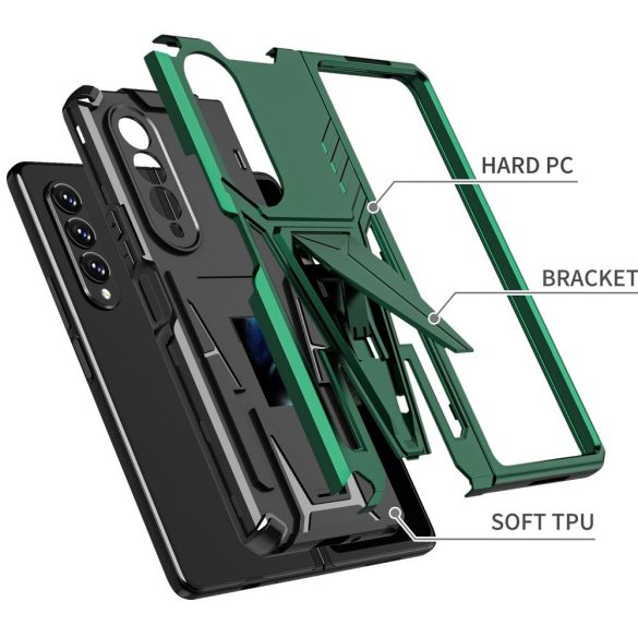 Samsung Galaxy Z Fold3 5G SM-F926B, Műanyag hátlap védőtok szilikon belső, közepesen ütésálló, kitámasztóval, Wooze Supportive Care, zöld