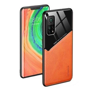 Samsung Galaxy A73 5G SM-A736B, Szilikon tok, bőr és plexi hátlap, közepesen ütésálló, mágneses tartóval kompatibilis, Wooze Texture, narancssárga