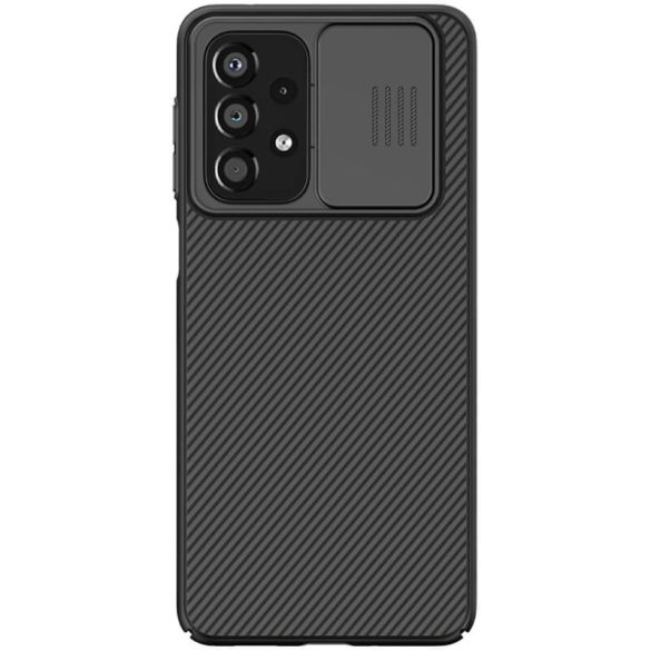 Samsung Galaxy A33 5G SM-A336B, Műanyag hátlap védőtok, közepesen ütésálló, kamera védelem, csíkos minta, Nillkin CamShield, fekete