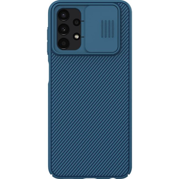 Samsung Galaxy A13 4G SM-A135F / A137F, Műanyag hátlap védőtok, közepesen ütésálló, kamera védelem, csíkos minta, Nillkin CamShield, sötétkék