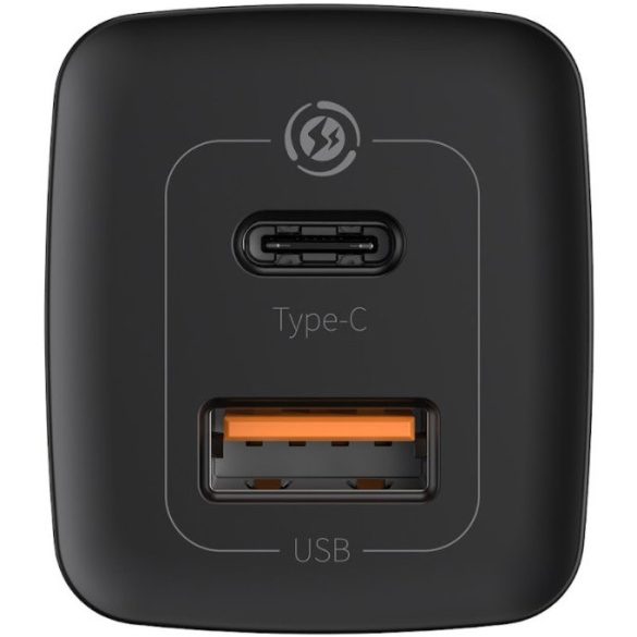 Hálózati töltő adapter, 65W, USB aljzat, USB Type-C aljzat, USB Type-C kábellel, gyorstöltés, PD 3.0, QC 3.0, Baseus, CCGAN2L-B01, fekete