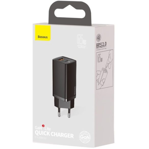 Hálózati töltő adapter, 65W, USB aljzat, USB Type-C aljzat, USB Type-C kábellel, gyorstöltés, PD 3.0, QC 3.0, Baseus, CCGAN2L-B01, fekete