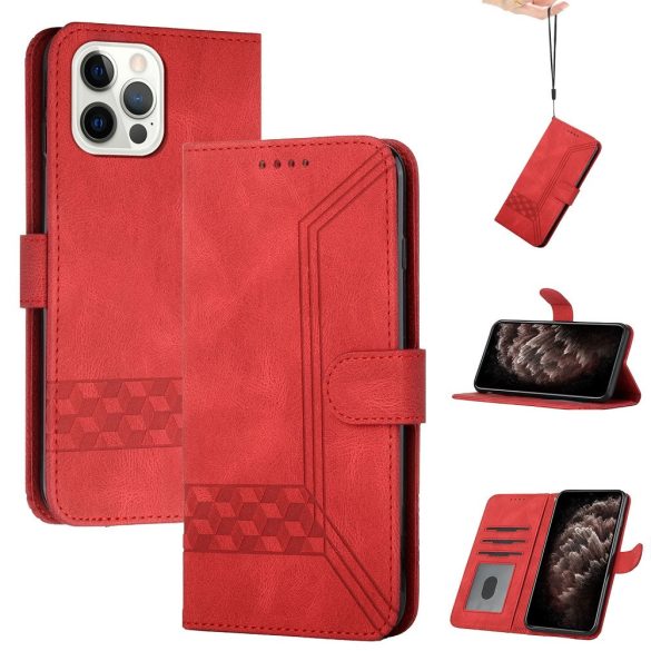 Apple iPhone 13 Pro Max, Oldalra nyíló tok, stand, kártyatartóval, kézpánttal, Wooze Illusion, piros