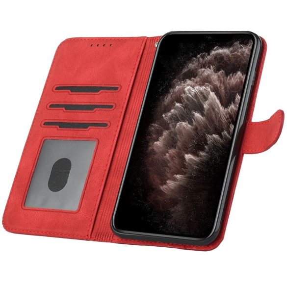 Motorola Edge 20 Pro, Oldalra nyíló tok, stand, kártyatartóval, kézpánttal, Wooze Illusion, piros