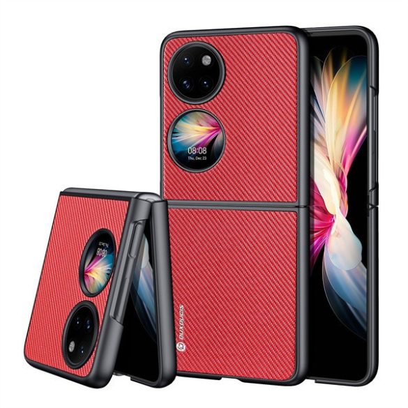 Huawei P50 Pocket, Műanyag hátlap védőtok + szilikon keret, fényvisszaverő szövet hátlap, rács minta, Dux Ducis Fino, piros