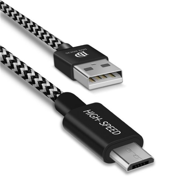 USB töltő- és adatkábel, microUSB, 25 cm, 2100 mA, cipőfűző minta, gyorstöltés, Dux Ducis K-ONE, fekete/fehér