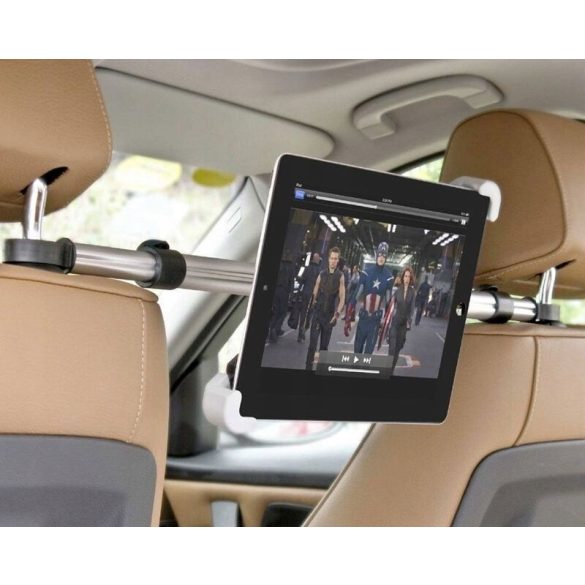 Autós tartó, Univerzális, Tablet PC tartó, 7 - 11 coll, két ülés közé a fejtámlára szerelhető, 360°-ban forgatható, teleszkópos nyél, ezüst