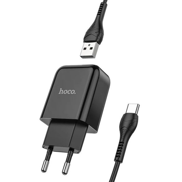 Hálózati töltő adapter, 10W, USB aljzat, USB Type-C kábellel, Hoco N2 Vigour, fekete