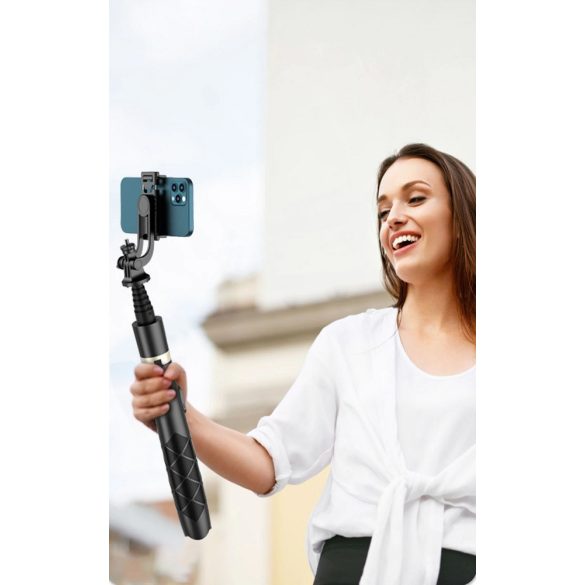 Prémium selfie bot, 34 - 153 cm, 360°-ban forgatható, exponáló gombbal, bluetooth-os, v4.0, tripod állvány funkció, fekete