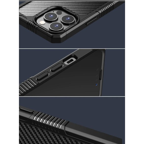 Apple iPhone 13 Pro Max, Szilikon keret + műanyag hátlap tok, közepesen ütésálló, légpárnás sarok, karbon minta, átlátszó/kék
