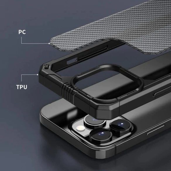 Apple iPhone 13 Pro, Szilikon keret + műanyag hátlap tok, közepesen ütésálló, légpárnás sarok, karbon minta, átlátszó/kék