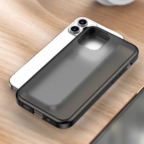 Apple iPhone 12 Pro Max, Szilikon keret + műanyag hátlap tok, közepesen ütésálló, megerősített sarok, Magic Shadow, áttetsző/fekete