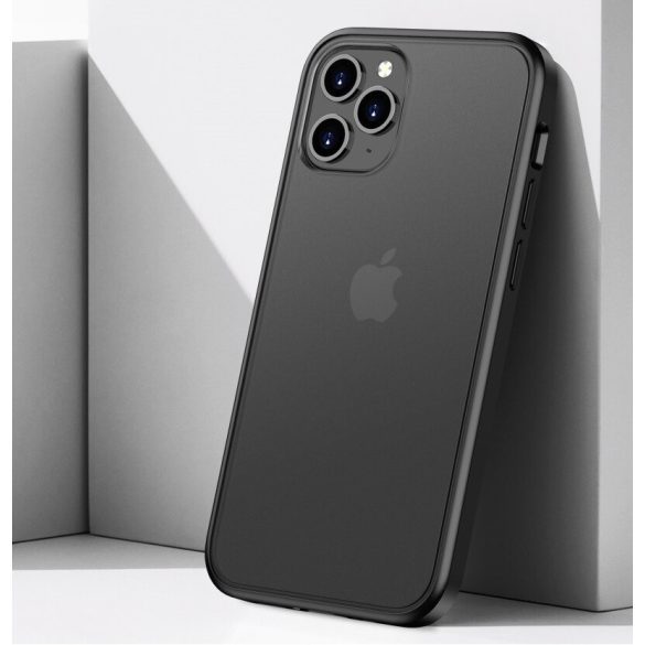 Apple iPhone 12 Pro Max, Szilikon keret + műanyag hátlap tok, közepesen ütésálló, megerősített sarok, Magic Shadow, áttetsző/piros