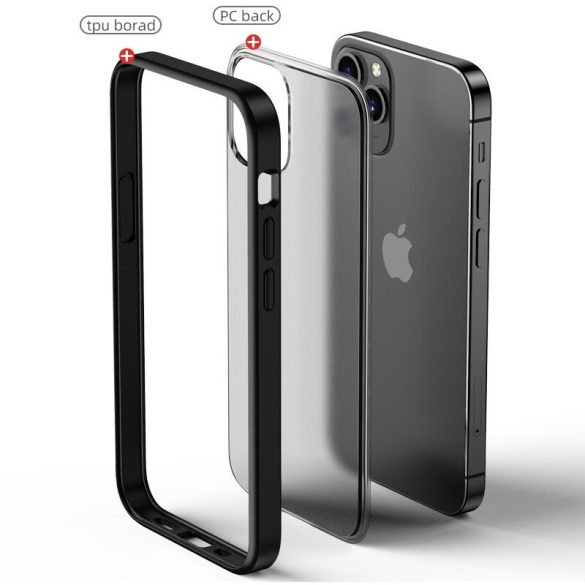 Apple iPhone 12 Pro Max, Szilikon keret + műanyag hátlap tok, közepesen ütésálló, megerősített sarok, Magic Shadow, áttetsző/sötétkék