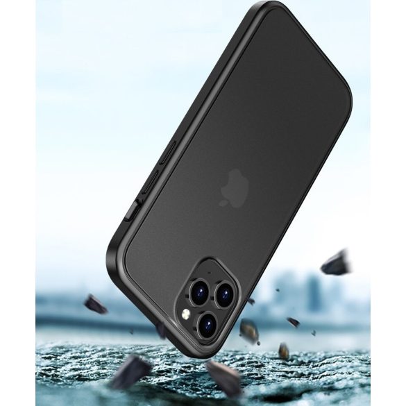Apple iPhone 12 Pro Max, Szilikon keret + műanyag hátlap tok, közepesen ütésálló, megerősített sarok, Magic Shadow, áttetsző/sötétkék