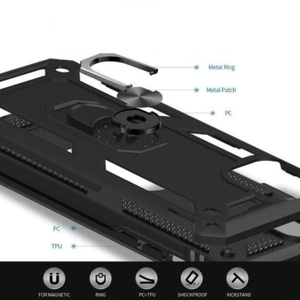 Xiaomi Poco F4 GT, Műanyag hátlap védőtok, közepesen ütésálló, szilikon belső, telefontartó gyűrű, Defender, fekete
