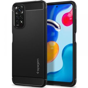 Xiaomi Redmi Note 11 / Note 11S, Szilikon tok, Spigen Rugged Armor, karbon minta, fekete