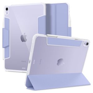 Apple iPad Air (2020 / 2022) / iPad Air 11 (2024 / 2025), mappa tok, légpárnás sarok, közepesen ütésálló, Apple Pencil tartóval, Smart Case, Spigen Ultra Hybrid Pro, átlátszó/lila
