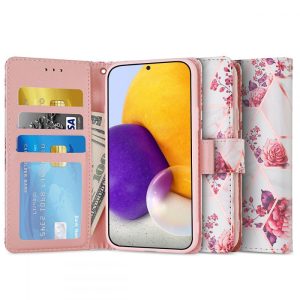 Samsung Galaxy A13 4G SM-A135F / A137F, Oldalra nyíló tok, stand, mágnes csattal, rózsa minta, TP Wallett Floral Rose, fehér/színes