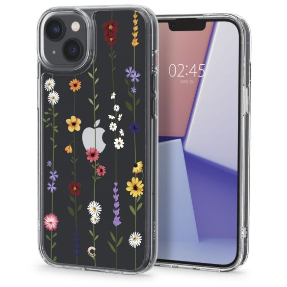 Apple iPhone 14, Szilikon tok, légpárnás sarok, virágoskert minta, Spigen Ciel Cyril Cecile, átlátszó/színes