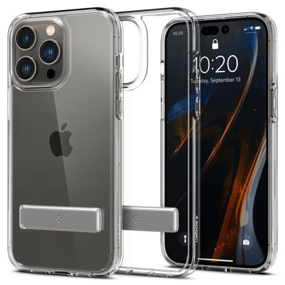 Apple iPhone 14 Pro, Műanyag hátlap védőtok + szilikon keret, kitámasztóval, Spigen Ultra Hybrid "S", átlátszó
