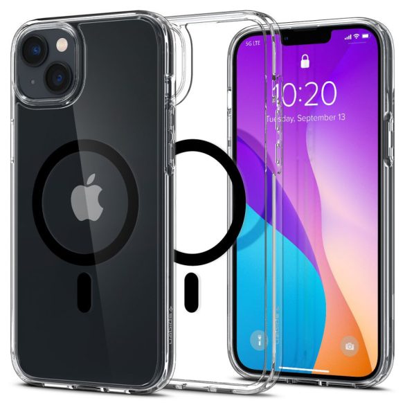 Apple iPhone 14, Műanyag hátlap védőtok + szilikon keret, Magsafe töltővel kompatibilis, Spigen Ultra Hybrid Mag, átlátszó/fekete