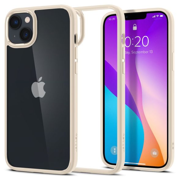 Apple iPhone 14 Plus, Műanyag hátlap védőtok + szilikon keret, Spigen Ultra Hybrid, átlátszó/homok-beige