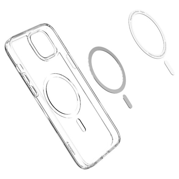 Apple iPhone 14 Plus, Műanyag hátlap védőtok + szilikon keret, Magsafe töltővel kompatibilis, Spigen Ultra Hybrid Mag, átlátszó/fehér