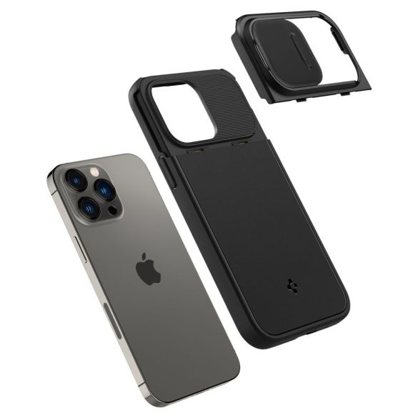 Apple iPhone 14 Pro, Szilikon tok, közepesen ütésálló, kamera védelem, Magsafe töltővel kompatibilis, Spigen Optik Armor Mag, fekete