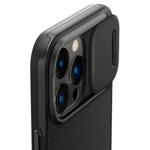 Apple iPhone 14 Pro, Szilikon tok, közepesen ütésálló, kamera védelem, Magsafe töltővel kompatibilis, Spigen Optik Armor Mag, fekete