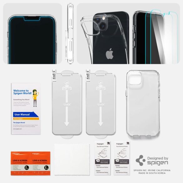 Apple iPhone 14 Plus, Szilikon tok + Tempered Glass (edzett üveg) - 2db, Spigen Crystal Pack, átlátszó