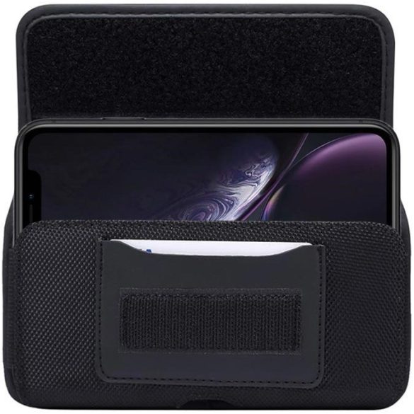 Univerzális tok, fekvő, övre csíptethető, fűzhető, kártyatartóval, Apple iPhone 13 Pro Max méret, Oxford, Model-4, fekete