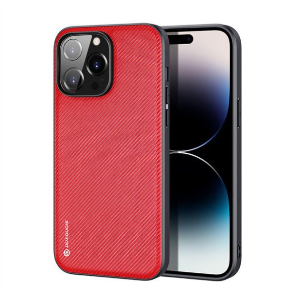 Apple iPhone 14 Pro Max, Műanyag hátlap védőtok + szilikon keret, fényvisszaverő szövet hátlap, rács minta, Dux Ducis Fino, piros