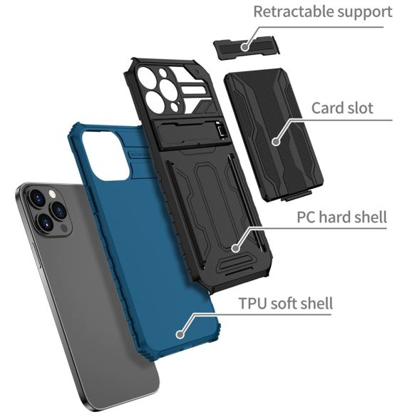 Apple iPhone 14 Plus, Műanyag hátlap védőtok szilikon belső, közepesen ütésálló, kitámasztóval, kártyatartóval, Wooze Transformer, fekete