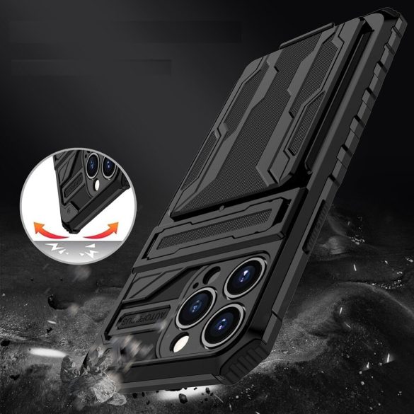 Realme 7i (Global) / C12 / C25 / Narzo 20, Műanyag hátlap védőtok szilikon belső, közepesen ütésálló, kitámasztóval, kártyatartóval, Wooze Transformer, fekete