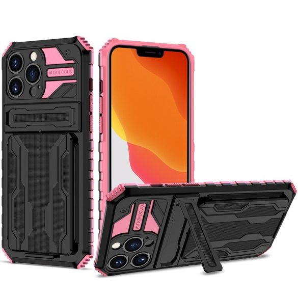 Apple iPhone 13 Pro Max, Műanyag hátlap védőtok szilikon belső, közepesen ütésálló, kitámasztóval, kártyatartóval, Wooze Transformer, fekete/rózsaszín