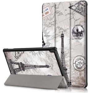 Samsung Galaxy Tab S7 Plus 12.4 / Tab S7 FE 12.4 / Tab S8 Plus 12.4, mappa tok, Eiffel torony, térkép minta, Trifold, szürke