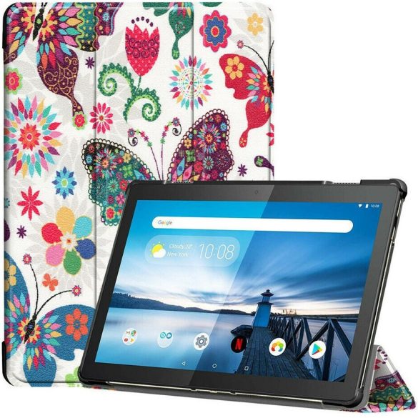 Samsung Galaxy Tab A7 Lite 8.7 SM-T220 / T225, mappa tok, színes nagy pillangó minta, Trifold, fehér