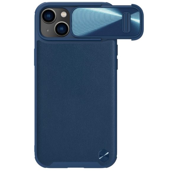 Apple iPhone 14, Műanyag hátlap védőtok, szilikon keret, kamera védelem, közepesen ütésálló, bőrhatású hátlap, Nillkin CamShield Leather "S", kék