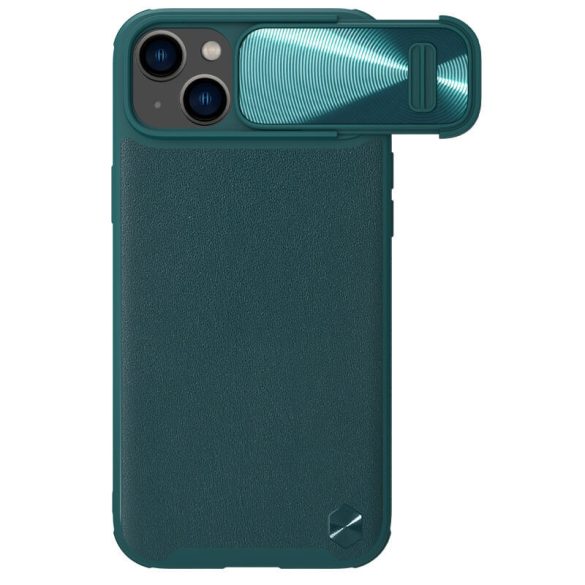 Apple iPhone 14, Műanyag hátlap védőtok, szilikon keret, kamera védelem, közepesen ütésálló, bőrhatású hátlap, Nillkin CamShield Leather "S", zöld