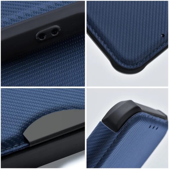 Samsung Galaxy S22 Plus 5G SM-S906, Oldalra nyíló tok, légpárnás sarok, bőrhatású, karbon minta, Razor Book, kék