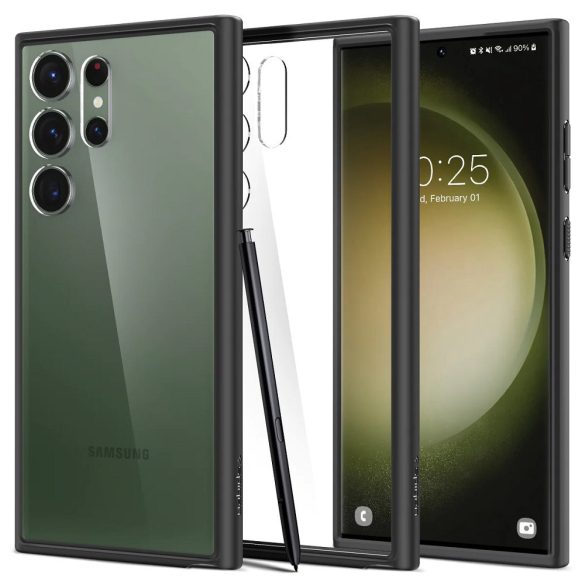 Samsung Galaxy S23 Ultra SM-S918, Műanyag hátlap védőtok + szilikon keret, Spigen Ultra Hybrid, átlátszó/fekete