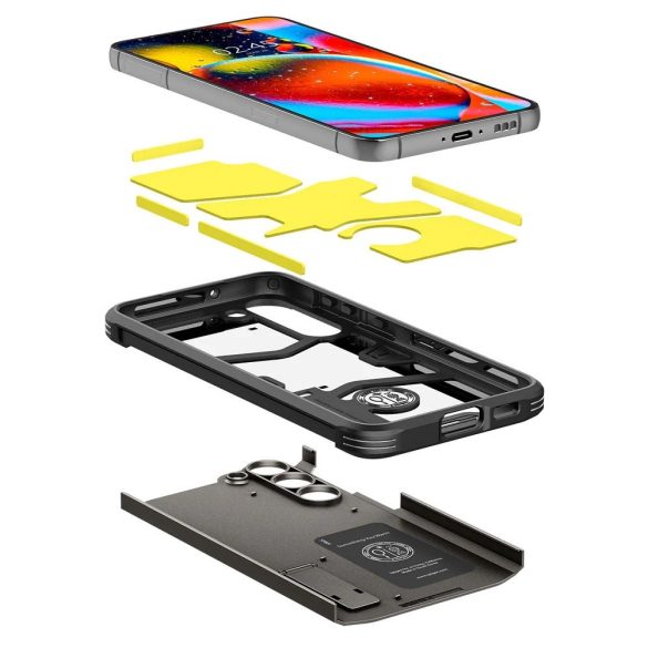 Samsung Galaxy S23 SM-S911, Szilikon tok + műanyag hátlap, kitámasztóval, Spigen Tough Armor, sötétszürke (csomagolás nélküli)