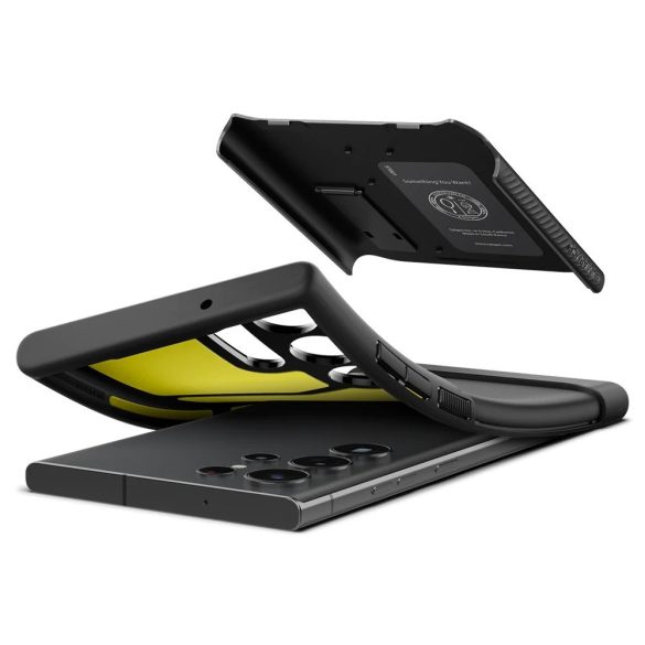 Samsung Galaxy S23 Ultra SM-S918, Szilikon tok, műanyag hátlappal, kitámasztóval, Spigen Slim Armor, fekete