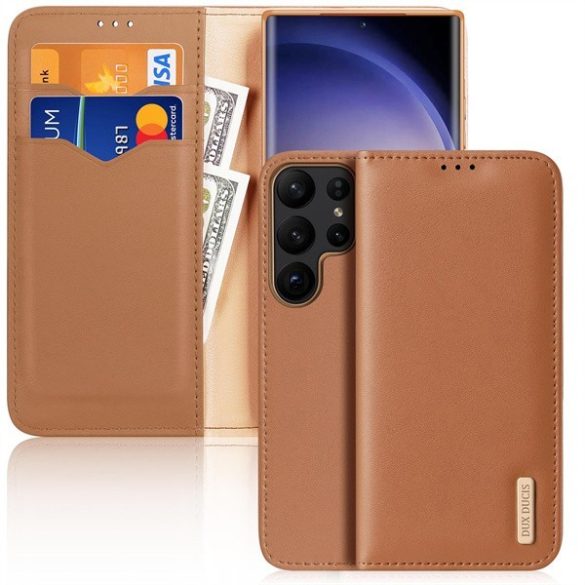 Samsung Galaxy S23 Ultra SM-S918, Oldalra nyíló tok, valódi bőrtok, stand, Dux Ducis Hivo, barna