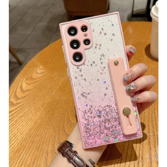 Apple iPhone 7 / 8 / SE (2020) / SE (2022), Szilikon tok, közepesen ütésálló, kézpánttal, színátmenetes, csillogó minta, Wooze Strap Star, mintás/rózsaszín