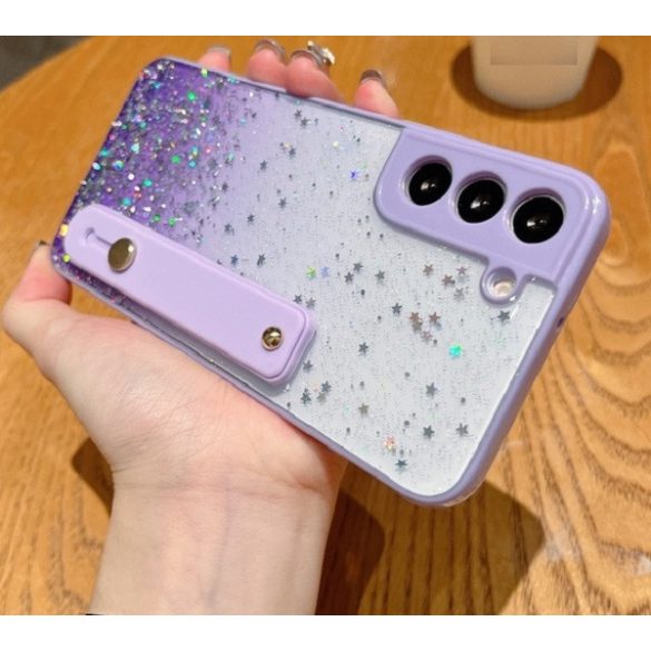 Apple iPhone 11 Pro, Szilikon tok, közepesen ütésálló, kézpánttal, színátmenetes, csillogó minta, Wooze Strap Star, mintás/lila